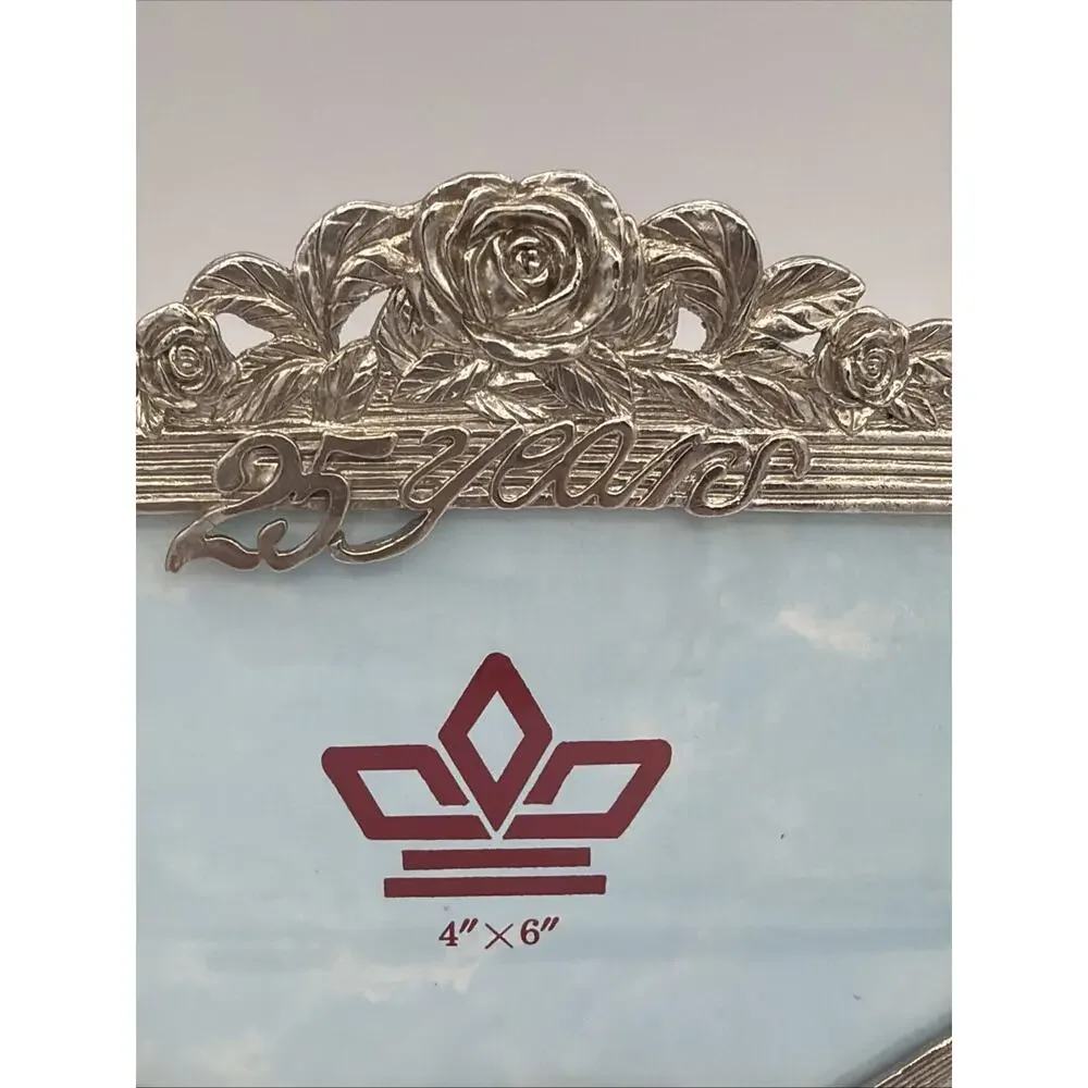 25th Anniversary Picture Frame Extra Fine Pewter 4x6” Ornate Silver Art Deco